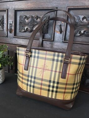 Beige Plaid Tote with Brown Leather Trim